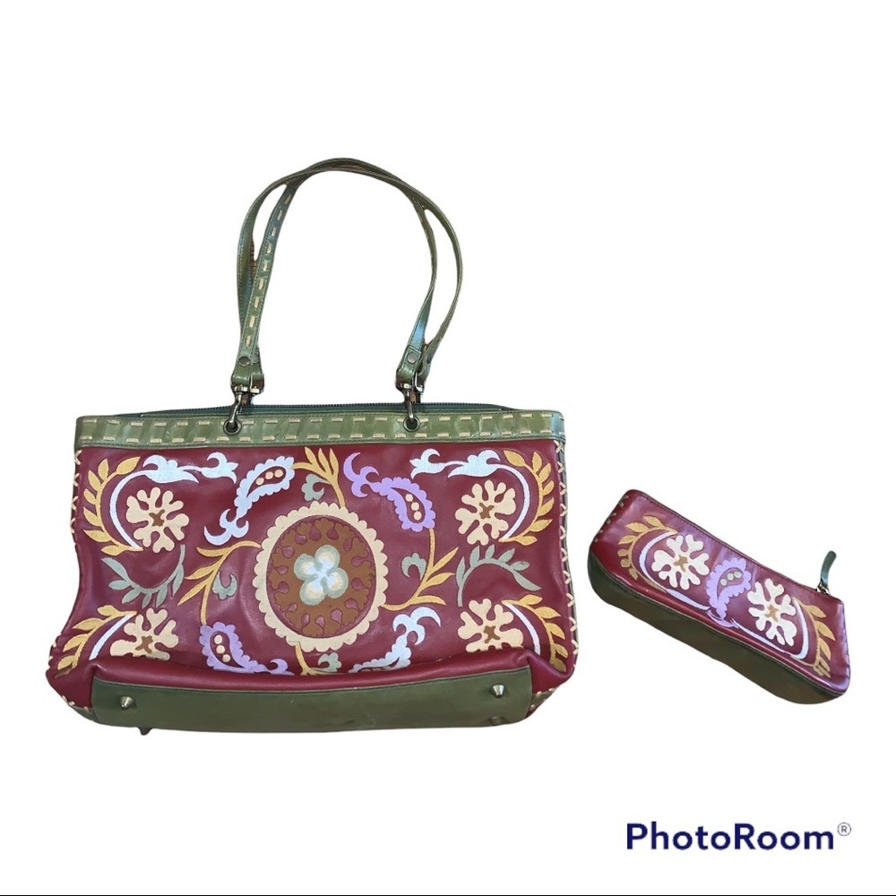 Isabella Fiore Embroidered Leather Satchel Purse Bag & Cosmetic Bag